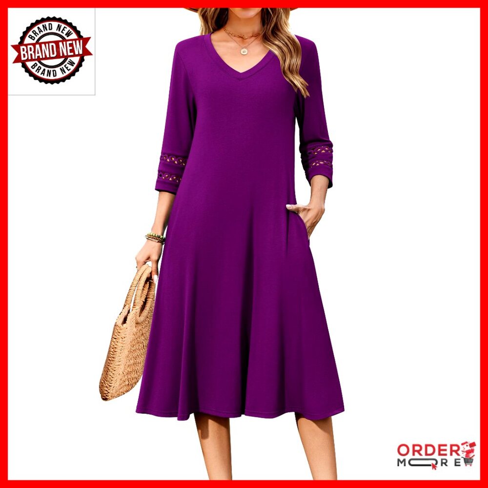 Loose Fit Midi Dress With 3/4 Sleeves And Pockets, Polyester Blend